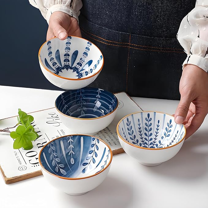 Rice Bowls 10oz, Japanese Style Bowls Set of 6 with Gift Box - Blue and White Ceramic Bowls for Soup, Dessert, Ice Cream, Snack - Kitchen Gifts for Women Christmas Gift