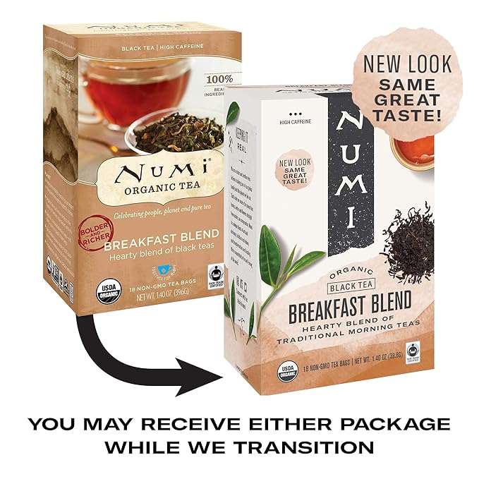 Numi Organic Tea Breakfast Blend, 18 Count Box of Tea Bags, Black Tea (Packaging May Vary) (Pack of 2)