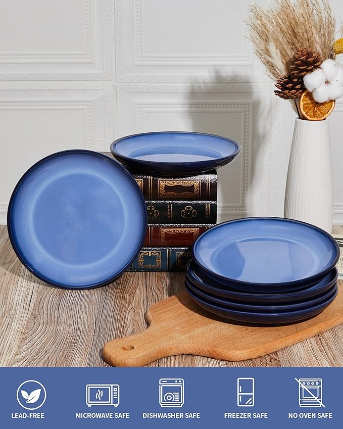 Pokini Ceramic Plates Set of 6, 8.0 Inch Reactive Glaze Dessert Plates, Modern Dinnerware Dishes Set for Kitchen, Microwave & Dishwasher Safe, Scratch Resistant-Light Blue