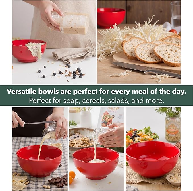 Brew To A Tea BTaT- Soup Bowls Set, 16 Ounces, Set of 12, Red, Porcelain Dishes for Soup, Rice, Salad, Noodle, Microwave, Oven, Freezer & Dishwasher Safe, Deep Cereal Bowls for Kitchen