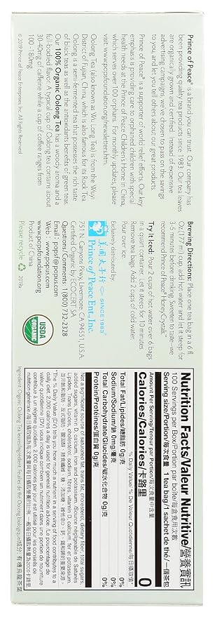 Prince of Peace Organic Oolong Tea, 100 Tea Bags – 100% Organic Black Tea – Unsweetened Black Tea – Lower Caffeine Alternative to Coffee – Herbal Health Benefits
