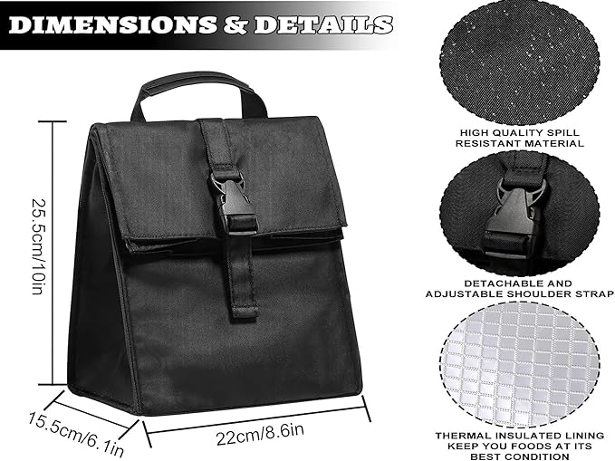 ZM-YOUTOO Insulated Foldable Lunch Bag- Lightweight Portable with Adjustable Shoulder Strap Lunch Box for Men, Women, Office, Work, Picnic, Hiking and Beach (Black(Soft Fabric))