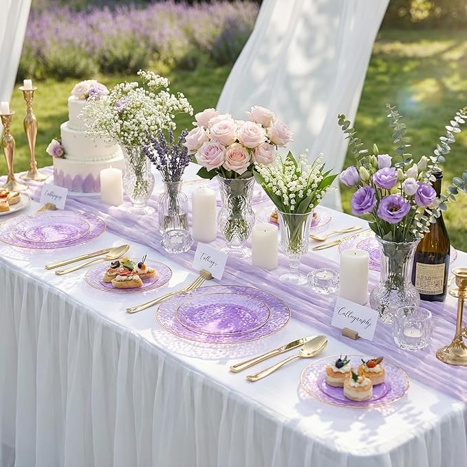 Lullaby 100pcs Purple Plastic Plates with Gold Rim, Include 50pcs Dinner Plate 10'' and 50pcs Heavy Duty Dessert Plate 7'', Plastic Disposable Plates for Parties, Birthdays and Wedding