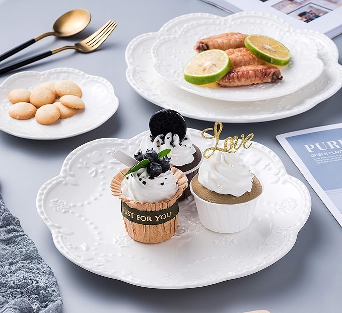 CLAY TONIC 10 In Embossed Lace White Porcelain Plate-Dinner Plate Set, Pasta/Salad/Dessert Plate Tableware Set for Restaurant Family Party Kitchen Use -4 Plates, CL-PL015 (10 Inche, White)