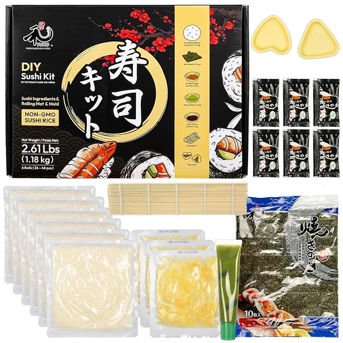 YUHO DIY Sushi Ingredients Kit with Rolling Mat Foods Making Kit Rice Ginger Seaweed Nori Wasabi Soy Sauce with Molds