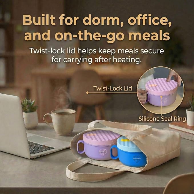 AI LOVE PEACE Ramen Bowls, 40 oz Large Microwavable Noodle Bowls (1 Blue, 1 Purple) with Chopsticks, Sporks, and Utensil Bag, Portable Microwave Bowl for Home, Office, Dorm, or College Gift.
