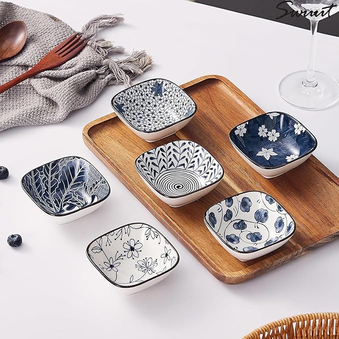 Japanese Style Ceramic Dipping Bowl,3.3'' Small Soy Sauce Dish for Condiments,Blue and White Small Bowl for Ketchup Stackable Side Dish Ramekins- Set of 6 (3.3 inch)