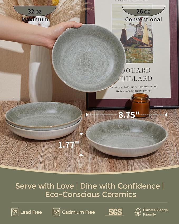 Pokini 16 Piece Double Bowl Dinnerware Sets, Stain Resistant Dish Set with Pasta Bowls, Easy Cleaning Dishes, Multi-Functional Plate and Bowl, Stack Compactly Plate Set, Service for 4