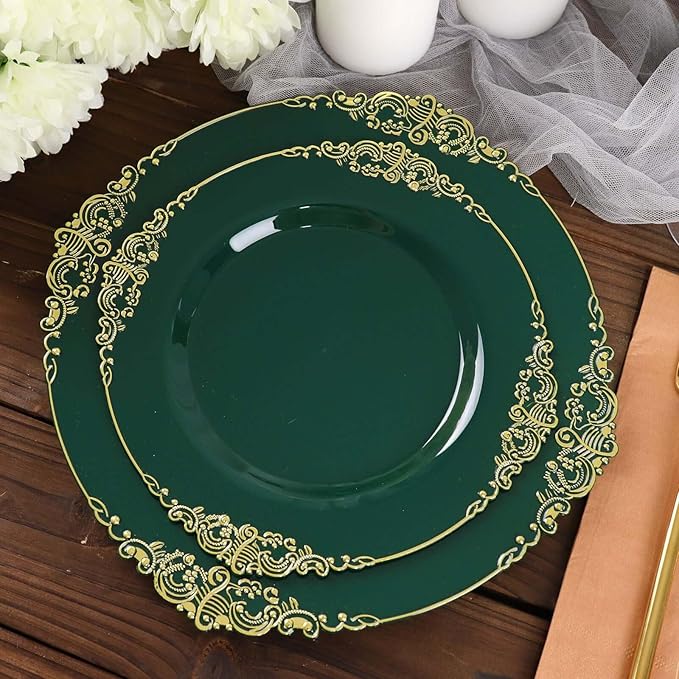 Efavormart 10 Pack | 8" Hunter Emerald Green and Gold Baroque Dessert Plates, Leaf Embossed Metallic Rim Heavy Duty Appetizer Plates for Garden Showers