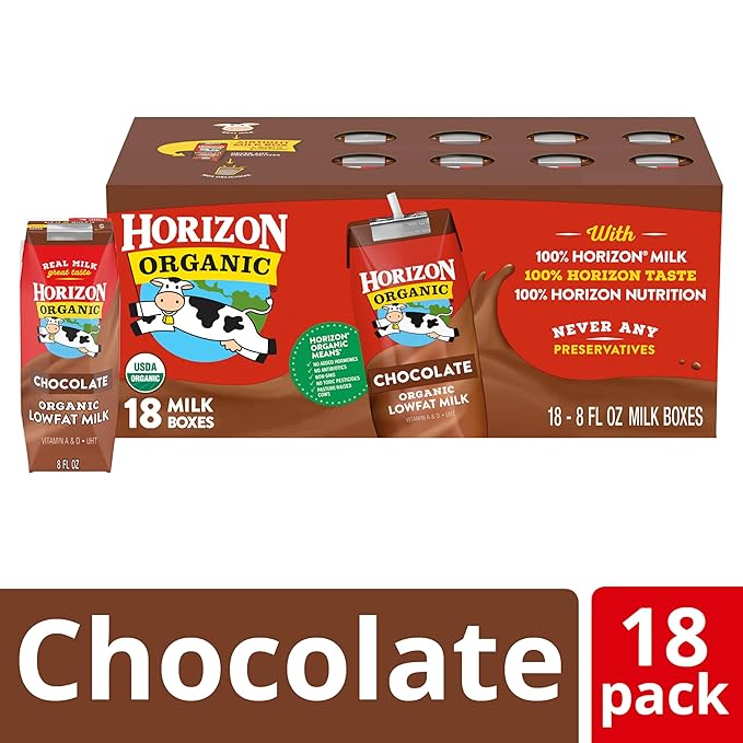 Horizon Organic Shelf Stable 1% Lowfat Chocolate Milk Boxes, Pack of 18 - 8g Protein per Serving