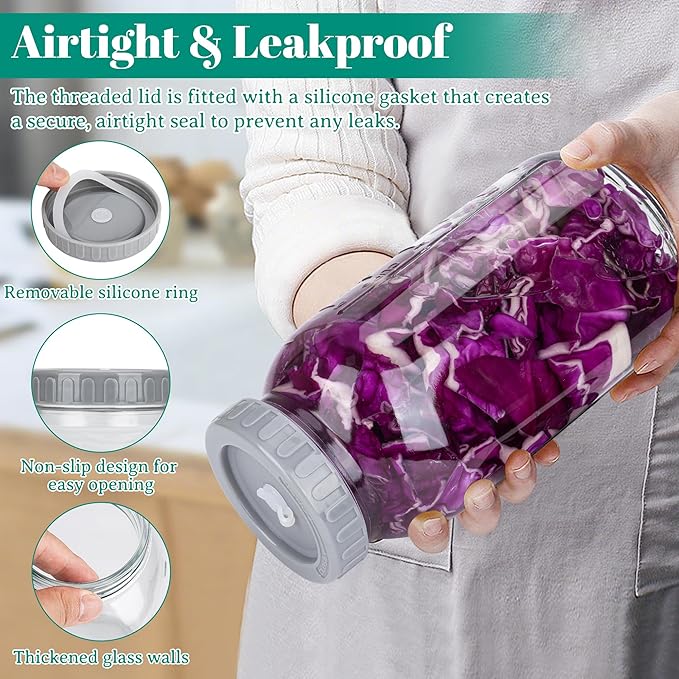 64oz Fermentation Jar Kit with Fermenting Weights and Airlock Lids, Wide Mouth Glass Jars with Scale Mark for Making and Storing Sauerkraut, Pickles (Pack of 2)