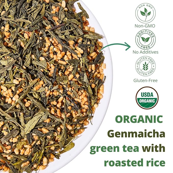 8oz Organic Genmaicha Green Tea with Roasted Rice, Genmaicha Tea Loose Leaf, Roasted Green Tea, Brown Rice Tea, Smooth Nutty Flavor