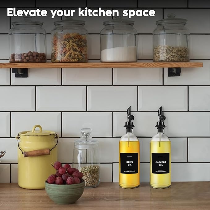 Spaceneat Oil Dispenser for Kitchen - Glass Olive Oil Bottle Set of 2 (16.9oz) with Black Weighted Self-Closing Pourer - Cooking Oil Dispenser with 66 Labels, Aligner & Funnel