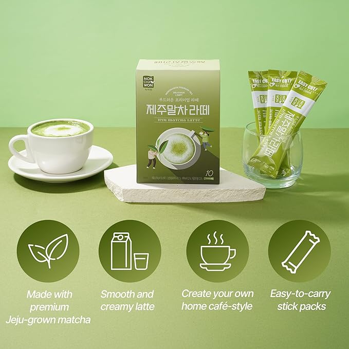 [Nokchawon] Jeju Matcha Latte – Smooth and Creamy Sweet Green Tea Latte with Jeju Grown Matcha Powder, drink mix, korean tea, 10 Sticks, 180g (6.35oz)