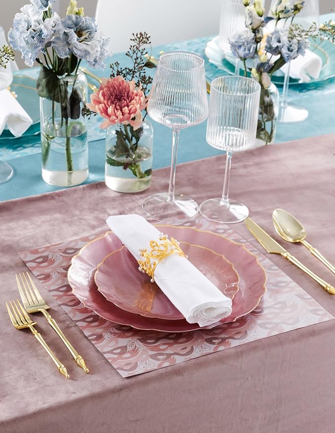 PLASTICPRO 24 Piece Aristocratic Combo Plastic Dinner Plates Disposable Plastic Fancy Heavy Duty Party Dishes 12, 7'' inch and 12, 10'' inch, Pearl Pink With Gold Rim