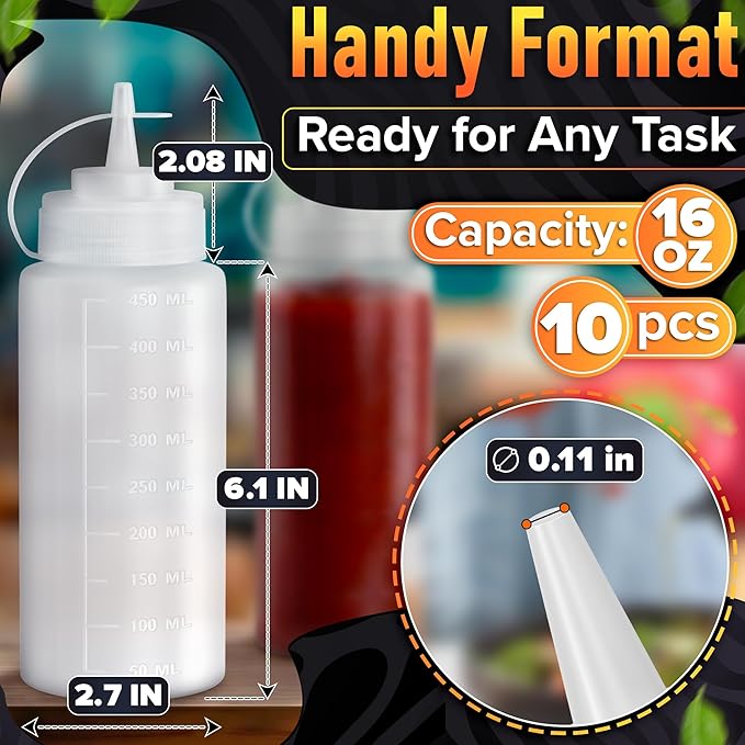 10-Pack Plastic Condiment Squeeze Bottles 16 oz – Refillable Squirt Bottles with Narrow Tip, Leak-Resistant | Great for Oil, Sauces, Ketchup, Mayonnaise, Syrup, Dressing, Holiday BBQ, & Home Dining