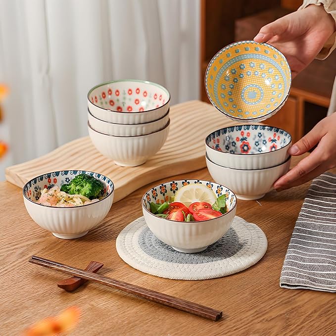 Rice Bowls 10oz, Japanese Style Bowls Set of 6 with Gift Box - Ceramic Bowls for Soup, Dessert, Ice Cream, Snack - Kitchen Gifts for Women Christmas Gift
