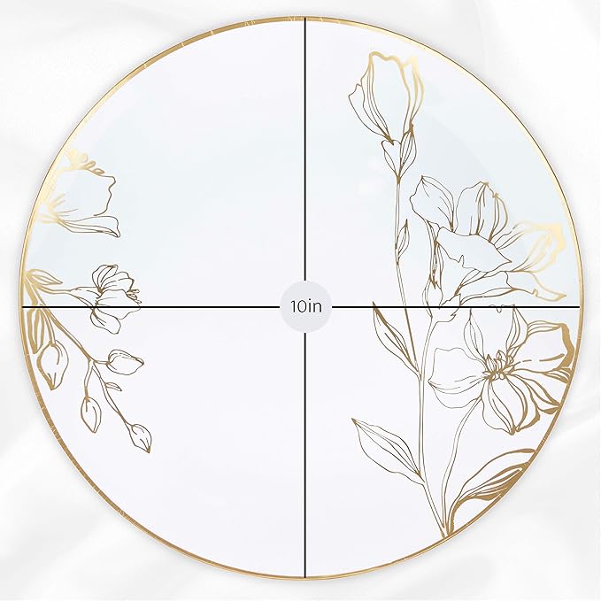 PLASTICPRO White Plastic Floral Design Party Plates With Gold Rim Premium heavyweight Elegant Disposable Tableware Dishes (120, 10'' INCH PLATES)