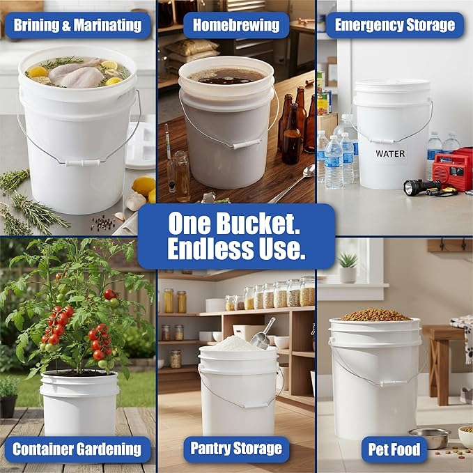 ePackageSupply 5 Gallon Bucket - Food Grade Bucket with Airtight Gamma Seal Screw-On Lid, BPA-Free, Heavy-Duty 90 Mil HDPE Plastic, Bulk Storage, Durable Container, Made in USA, White/Yellow, 6 Packs