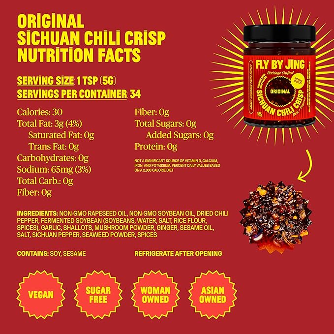 FLYBYJING Original Sichuan Chili Crisp: Premium Chili Oil w/Crunchy Garlic and Shallots - Spicy, Savory, Vegan, Sugar Free Hot Sauce - Good on Noodles, Proteins, Veggies & Everything, 6oz (Pack of 1)