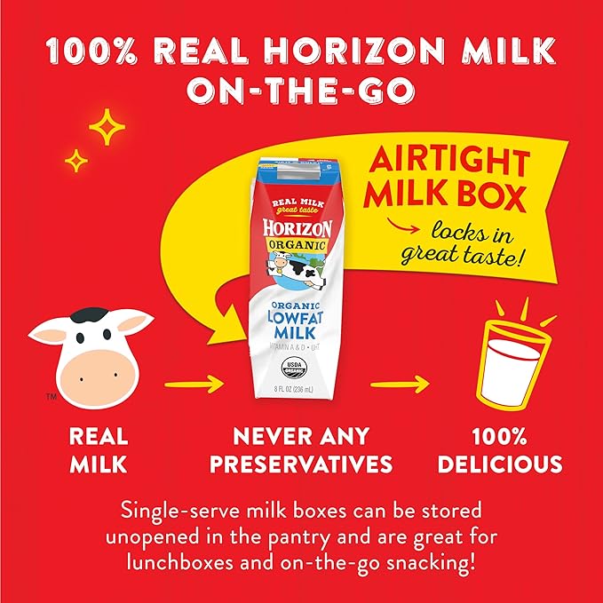 Horizon Organic Shelf Stable 1% Lowfat Milk Boxes, Pack of 18 - 8g Protein per Serving