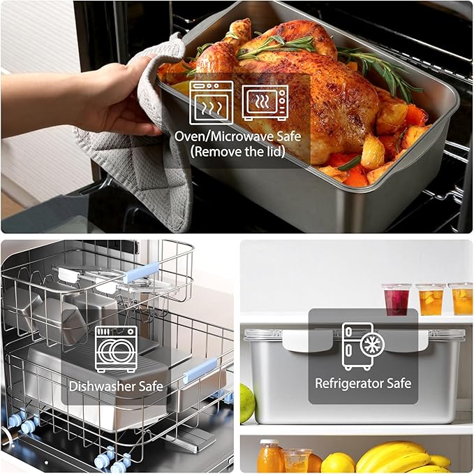 8 PCS Large Stainless Steel Food Storage Containers with Lids, 3 Sizes Meal Prep Containers Set for Vegetables, Fruits, Snacks, Roasting Chicken, Lasagna, BPA Free and Oven Safe (245oz, 31oz, 21oz)