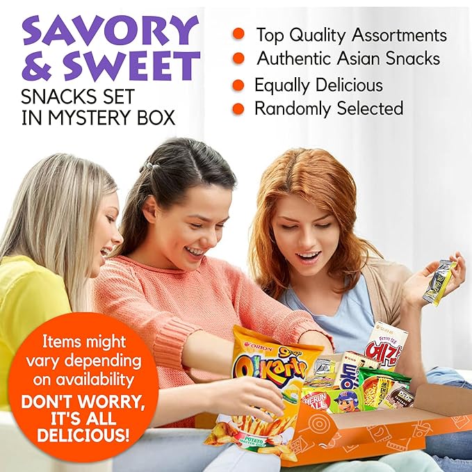 K-Munchies Asian Snacks Box - Snacks Variety Pack for Adults and Kids with Candy, Chips, Ramen, and Other Instant Food - Mystery Snack Box Treats for Family - With Free Chopsticks