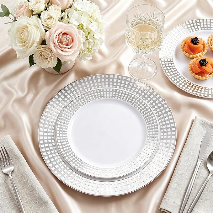 Fijinhom 100PCS Heavy Duty Silver Plastic Plates for 50 Guests, for Party, Wedding, Birthday, Dinnerware Set of 50PCS 10" Dinner Plates & 50PCS 7.5" (Silver)