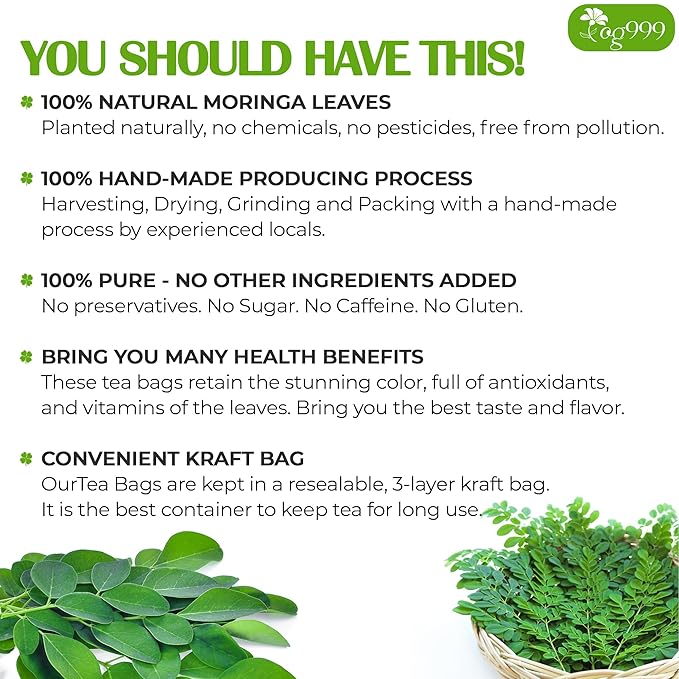 TOG999, Premium 30 Moringa Leaf Tea Bags, 100% Natural & Pure. Loose Leaf Moringa Herbal Tea. No Sugar, No Caffeine, No Gluten, Vegan.