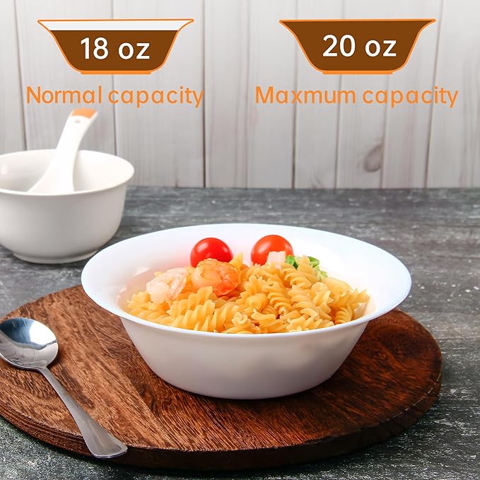 Soup Bowls Set of 4, Tempered Glass White Cereal Bowls, 20 OZ Round Dish Set, Microwave & Dishwasher Safe Glass Bowl Set