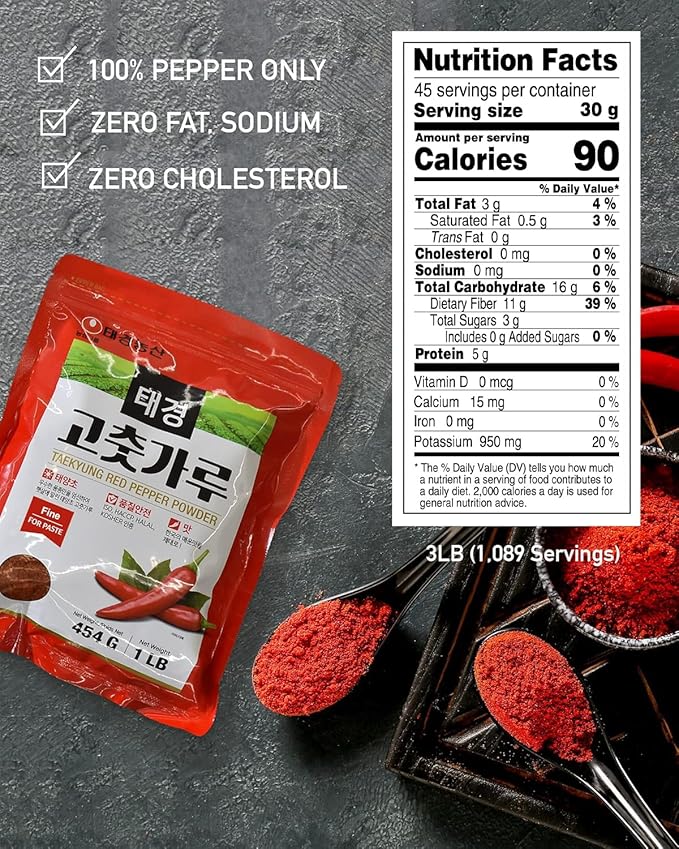 Taekyung Chili Powder For Paste (Fine, 3LB) - Korean Gochugaru. Red Pepper Spice Seasoning for Asian Food. MSG Free.