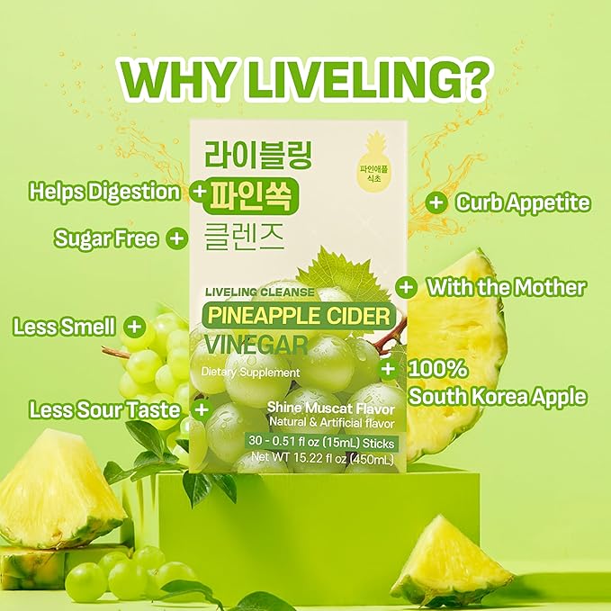 [Liveling] Pineapple Cider Vinegar Drink Stick & 3-in-1 Shot with ACV – ShineMuscat Flavor | Supports Digestion, Daily Cleanse, Sugar-Free, Low-Calorie, Portable On-The-Go Packets (30 sticks)