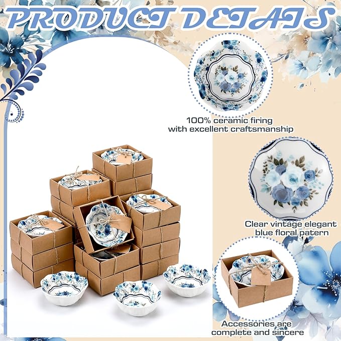 SiliFine 24 Pcs Wedding Favors for Guests Small Ceramic Bowl Bulk Gifts Set 3.3 Inch Floral Design Mini Dipping Sauce Dish with Card Box for Bridal Pooja Baby Shower Birthday (Rose,Blue)