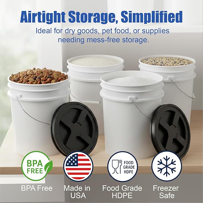 ePackageSupply 5 Gallon Bucket - Food Grade Bucket with Airtight Gamma Seal Screw-On Lid, BPA-Free, Heavy-Duty 90 Mil HDPE Plastic, Bulk Storage, Durable Container, Made in USA, White/Black, 3 Packs