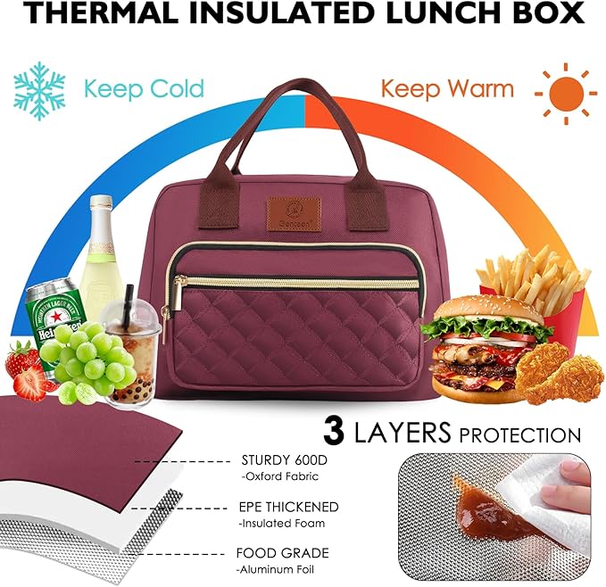 Genteen Lunch Box for Women,Insulated Adult Lunch Boxes,Reusable Cute Lunch Bags for Work,High Capacity Tote for Work, Cooler Bag for Girls Office Travel Picnic School-Red