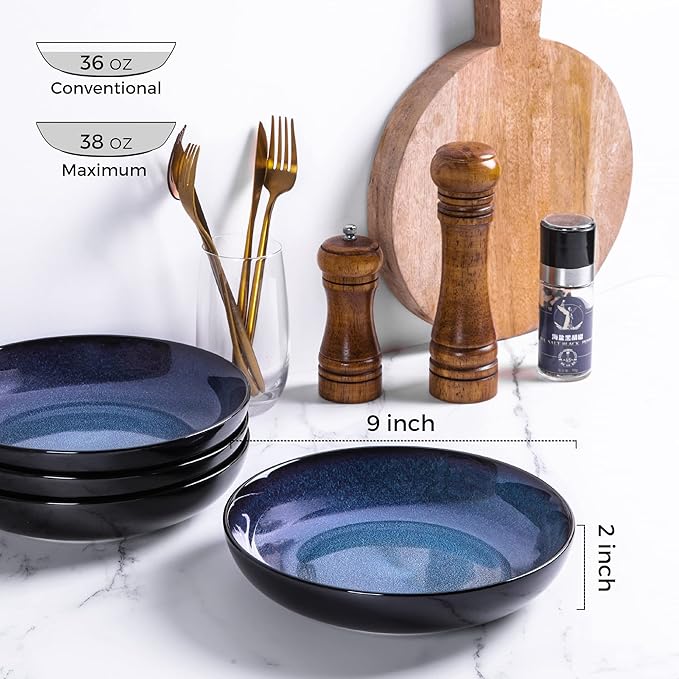 LERATIO Pasta Bowls,Ceramic 38oz Pasta Bowls,9.0" Reactive Glaze Pasta Bowl Set of 4,Microwave & Dishwasher,Oven Safe,Large Wide Serving Bowls for Salad, Dessert,Pizza,Fruit -Blue