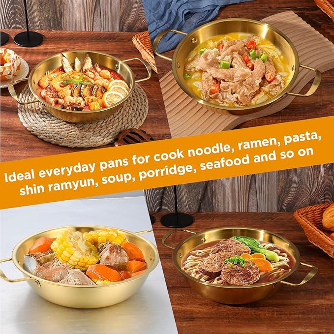 4-Piece Korean Ramen Pot for Stove, Stainless Steel Korean Noodle Pot with Handles, Golden Soup Pots & Cooking Pots for Home & Outdoor Use (Inner Diameter 7.7", 8.5", 9", 10")