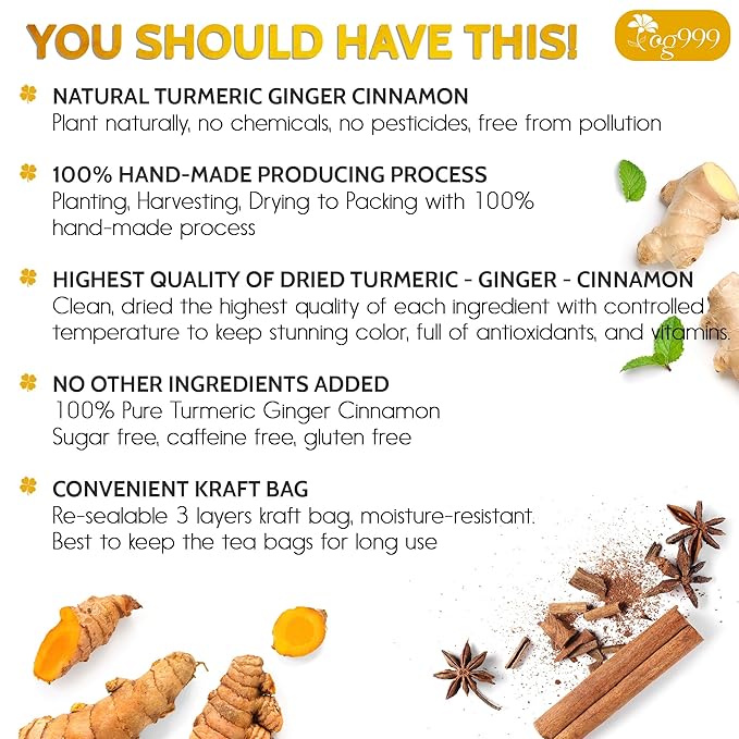 TOG999, 200 Turmeric, Ginger, Cinnamon Tea Bags, 100% Natural, Hand-made Blend of Turmeric, Ginger, and Cinnamon. Eco-conscious Tea Bags. No Sugar, No Caffeine, No Gluten, Vegan.