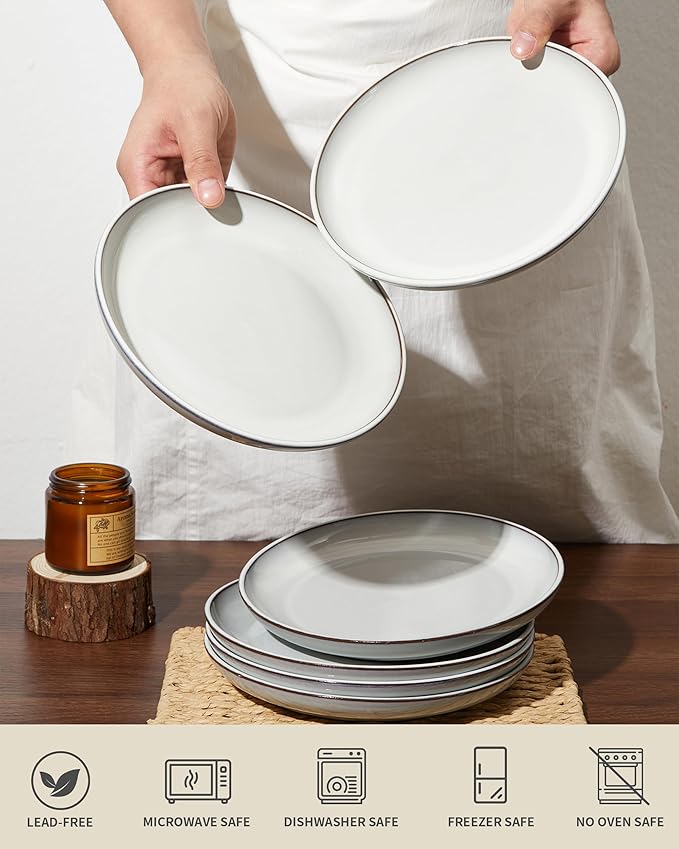 Pokini Salad Plates Set of 6, Microwave Safe Plates for Dessert, Appetizer, Scratch Resistant and Dishwasher Safe, Moonstone White