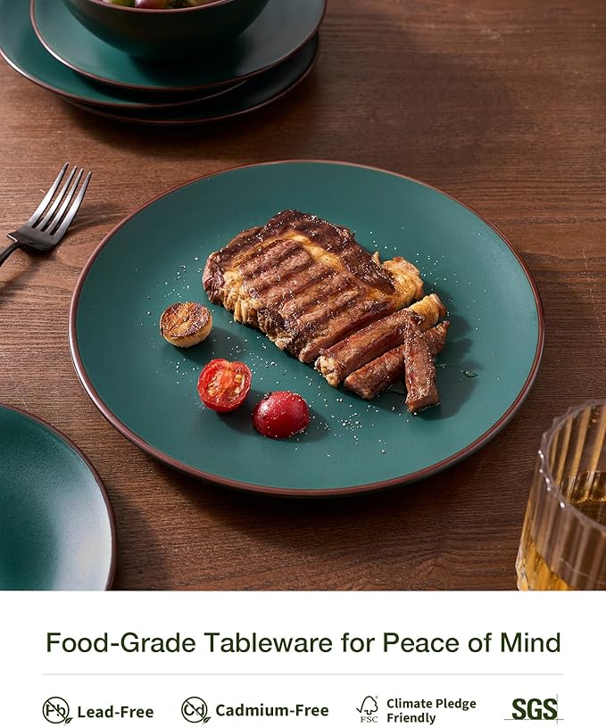 Famiware Venus Stoneware Dinnerware Set with Pasta Bowls for 4, 16-Piece Speckled Plates and Bowls with Trim, Matte Dark Green - Chip‑Resistant Dishes for Everyday & Formal, Microwave/Dishwasher Safe