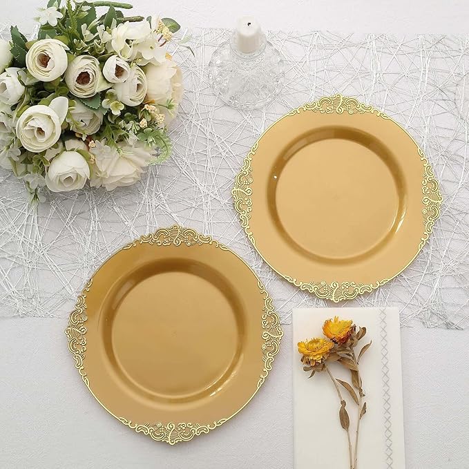 Efavormart 10 Pack | 8" All-Gold Baroque Dessert Plates, Leaf Embossed Metallic Rim Heavy Duty Appetizer Plates for Royal Anniversary Celebrations