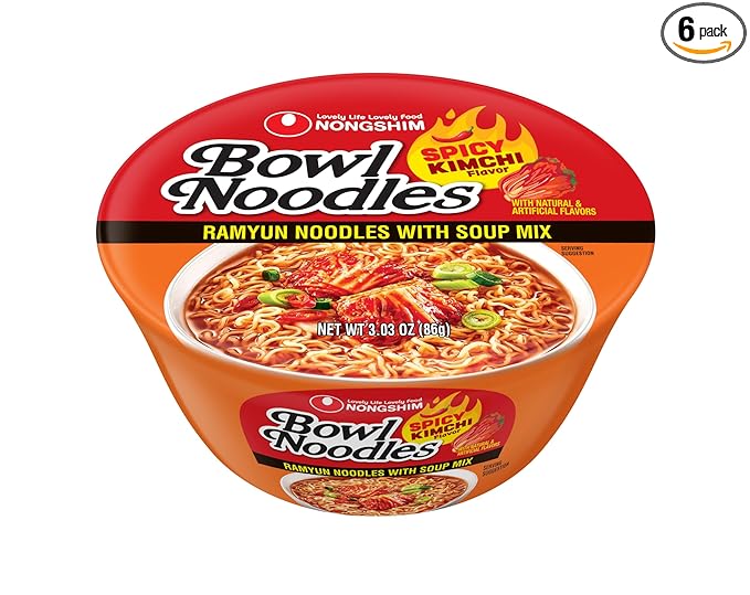 Nongshim Ramen Noodles, Gourmet Instant Ramen bowl, Premium Microwavable Noodle Soup, Kimchi, 3.03 Ounce (Pack of 6)