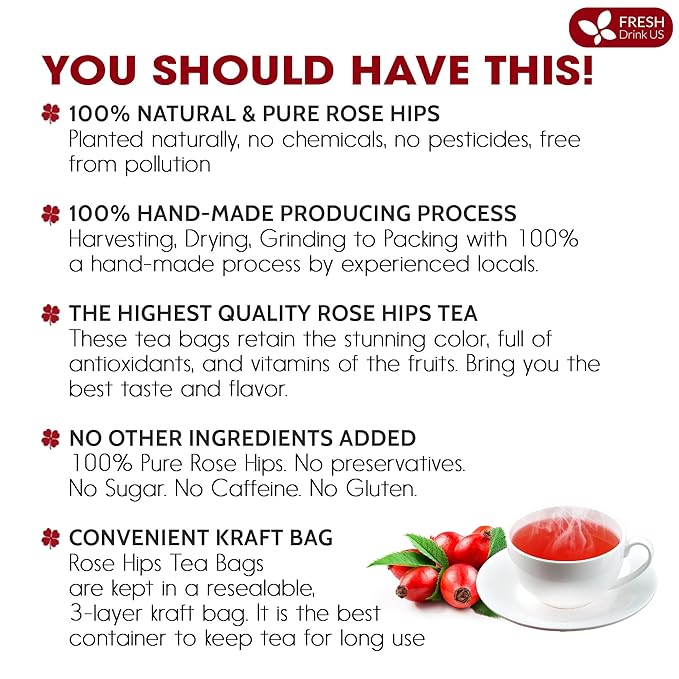 FreshDrinkUS, Premium 75 Rosehip Tea Bags, 100% Natural & Pure from Rose Hip Fruits. Loose Rosehip Herbal Tea. Made with Natural Material Tea Bags. No Sugar, No Caffeine, No Gluten, Vegan.
