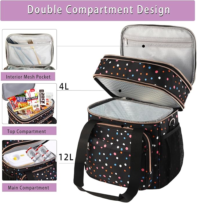GLENKEY Tactical Lunch Box Cooler Bag - Expandable Insulated Lunch Bag for Men Women - Large Lunchbox for Adults Work Shifts Outdoor Trips Polka Dots 16L