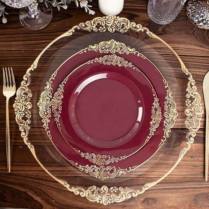 Efavormart 10 Pack | 10" Burgundy and Gold Baroque Dinner Plates, Leaf Embossed Metallic Rim Heavy Duty Serving Plates for Autumn Banquets