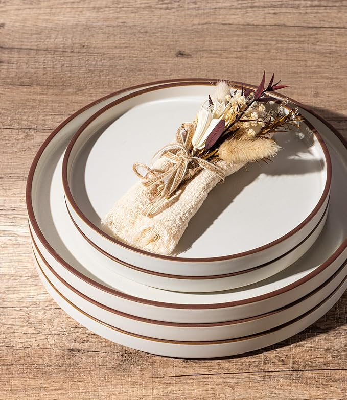 LERATIO Dinner Plates,10.25 Inch Ceramic Flat Plates Set of 6,High Edge Modern plates for Kitchen,Microwave & Dishwasher & Oven Safe, Scratch Resistant Dishes Set-White with Rim