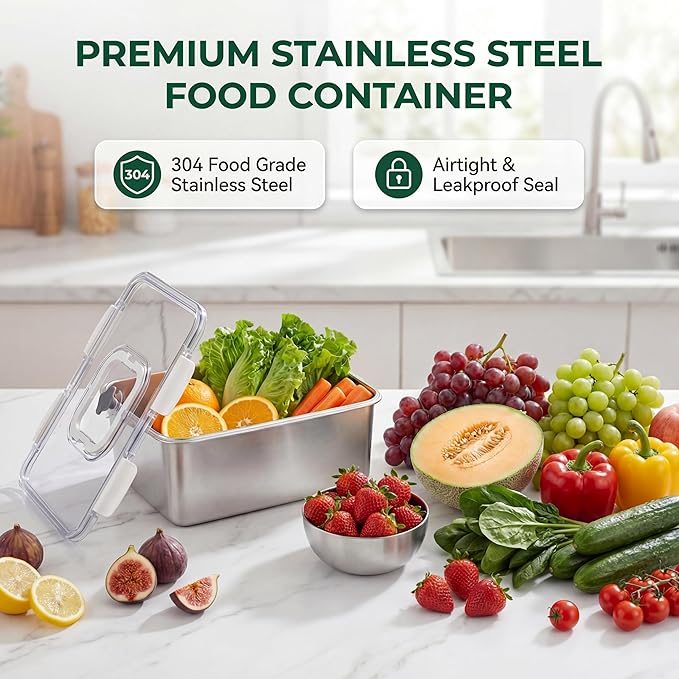 Extra Large 304 Stainless Steel Food Storage Containers with Airtight Lids – 7L/240oz Meal Prep Container for Roasting Turkey,Bread, Fruits – Oven Safe, BPA‑Free, Dishwasher Safe