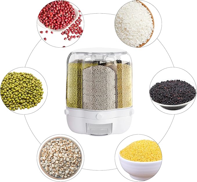 27lbs Rice and Grain Dispenser, 360° Rotating Food Storage Container Large Dry Food Dispenser with Sealed Lid 6-Grid Storage Box for Kitchen Rice Bucket for Rice Cereals Nuts Beans (27LBS)