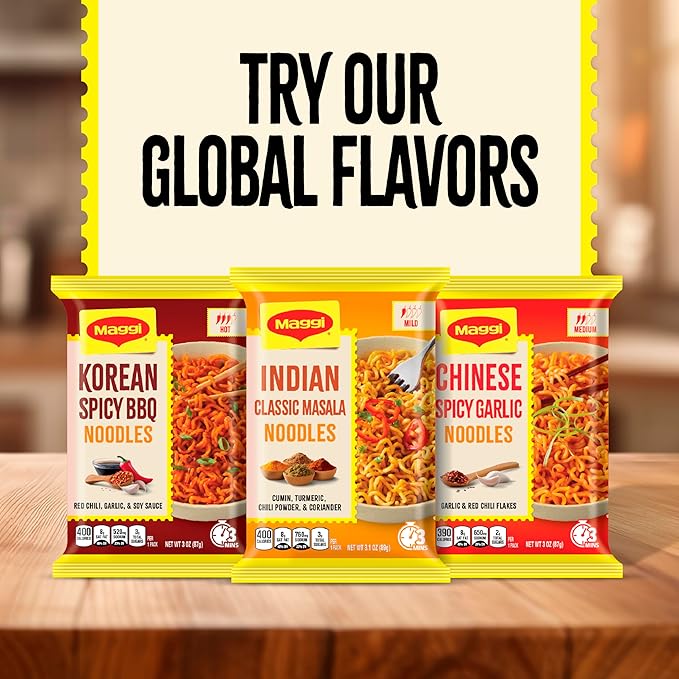 Maggi Chinese Spicy Garlic Noodles, Instant Ramen Noodles, 3 min, Vegetarian, Halal, Kosher, 24-Pack