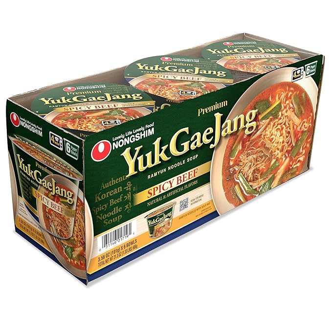 Nongshim Yukgaejang Big Bowl, Premium Ramyun Noodle Soup, Spicy Beef, 3.56 oz (Pack of 6)